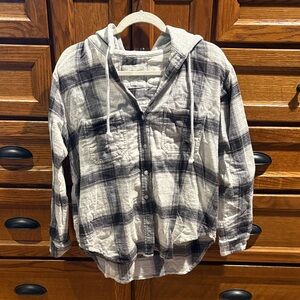 American Eagle Plaid Hooded Shirt - Black and White S